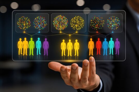Hand holding digital tablet showing colorful social network graph and human connections