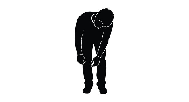 Silhouette of a man bending over isolated on white background