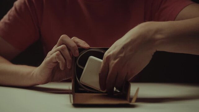 Close-up of male hands opening cardboard box and taking out new white charging adapter, unwrapping coiled cable before first use on white table in dark interior. Shooting in slow motion.