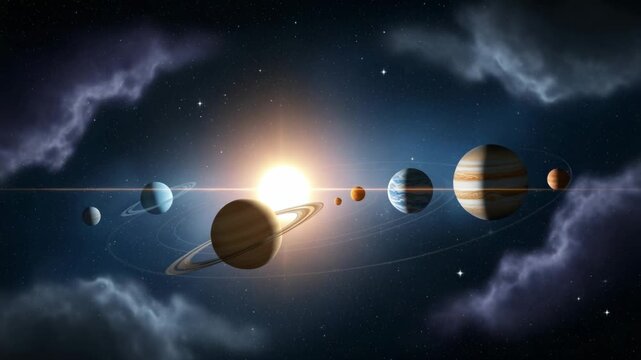 Solar system with planets orbiting the sun in deep space