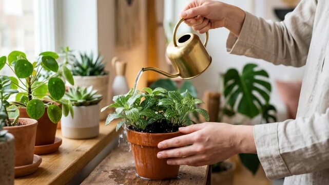 Hands watering young plant in terracotta pot on wooden windowsill. Indoor gardening and houseplant care concept. Nurturing green foliage in cozy home environment with natural light