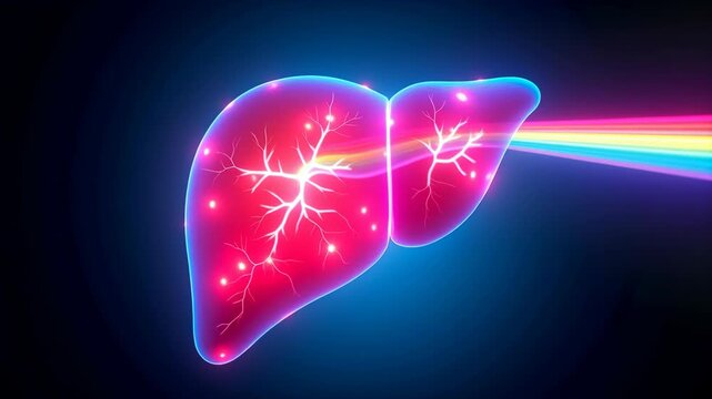 3D liver model glowing in cross-section view. Organ's vasculature network highlighted. Futuristic CGI rendering on dark background. Hepatology, liver function analysis. Concept of health and
