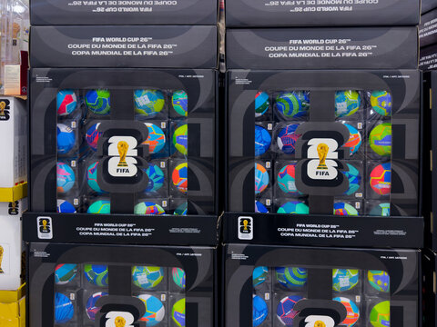 Calgary, Alberta, Canada. April 26, 2026. FIFA World Cup 26 merchandise boxes with mini soccer balls on display at a retail store shelf.