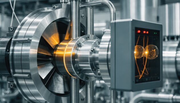 Close medium shot of integrated enclosure display presenting operational status and predictive maintenance alerts on advanced smart factory machinery.