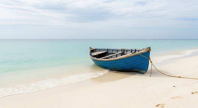 Blue boat rests on sandy beach against calm ocean and overcast sky