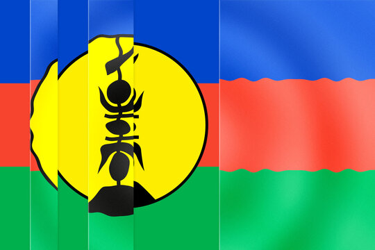Vibrant Kanak Flag of New Caledonia with Blue, Red, and Green Stripes and a Yellow Disc Emblem, Featuring a Textured and Wavy Fabric Appearance
