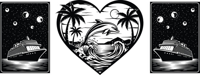 Tropical heart shaped illustration with palm trees dolphin and cruise ship © Puja