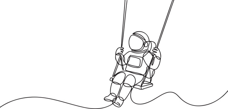 Astronaut on swing. Cosmonaut linear silhouette. One continuous line. one line Icon drawing