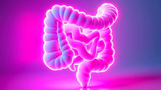Neon intestine glowing in cross-section view. Large intestine model with folds. Futuristic CGI rendering on gradient background. Gastroenterology, digestive system. Concept of health and nutrition.