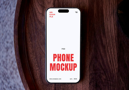 Device Lying on Wooden Table Mockup