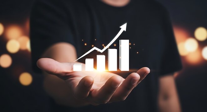 Person holding hand with white 3 D bar graph and upward arrow