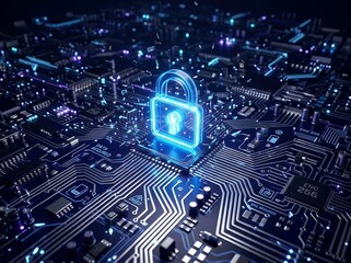 Fototapeta premium Digital Security Lock Glowing on Futuristic Circuit Board with Blue Neon Lighting
