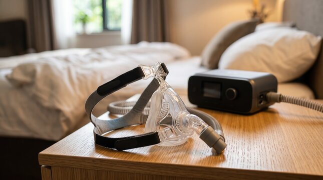 Portable BiPAP device and l mask placed on a table with focused detail on mask design and soft background blur showing travelfriendly respiratory support