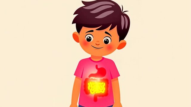 Child wearing shirt with digestive organs. Stomach and intestines depicted on t-shirt. Cartoon style illustration of nutrition. Anatomy education, digestive system function. Concept of health and