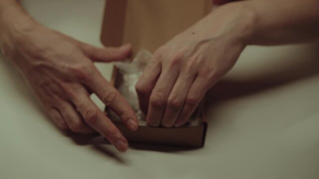 Close-up of hands packing new power supply to small brown carton box, using protective bubble wrap, symbolizing e-commerce, successful delivery, product preparation. Shooting in slow motion.