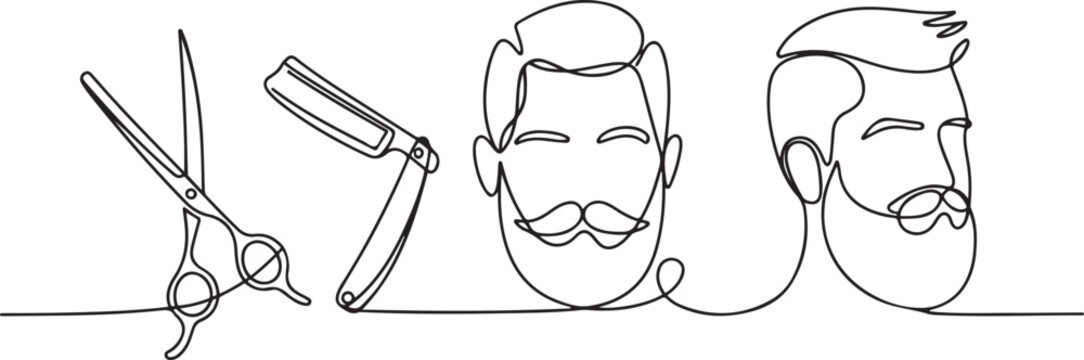 barber scissors and straight razor. Vintage barbershop, shaving. Mustache men. Beard macho man. Portrait beard man. one line icon drawing vector