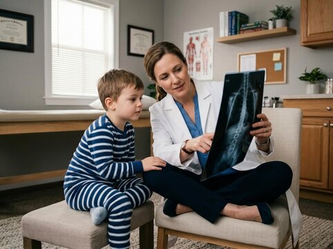 Pediatrician explains chest X-ray results to young boy during medical consultation