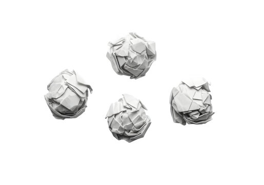Four crumpled paper balls on a plain white surface for office or school supplies isolated on transparent background