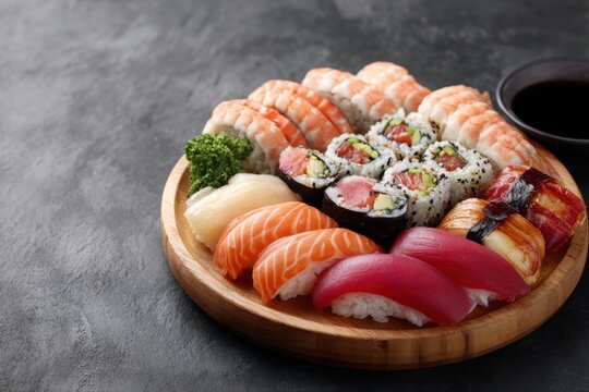 Assorted sushi platter with nigiri and maki rolls, clean food composition
