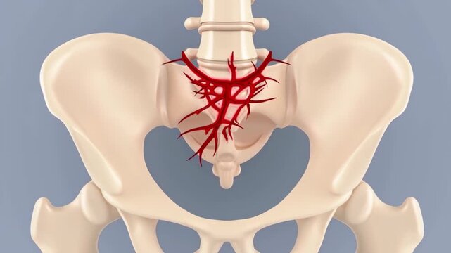 3D pelvic bone model with blood vessels. Vascular system highlighted in red. Clean CGI rendering on light background. Orthopedics, skeletal anatomy. Concept of health and circulation.