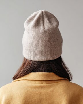 Blank wool beanie worn back view, minimal winter fashion tone, soft lighting