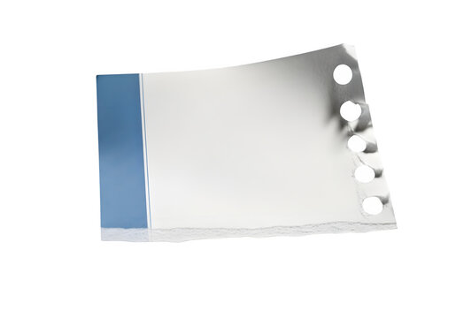 Torn paper with blue stripe and holes on right side isolated on transparent background