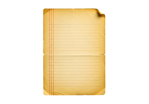 Vintage yellow lined paper note card on transparent background with red stripes