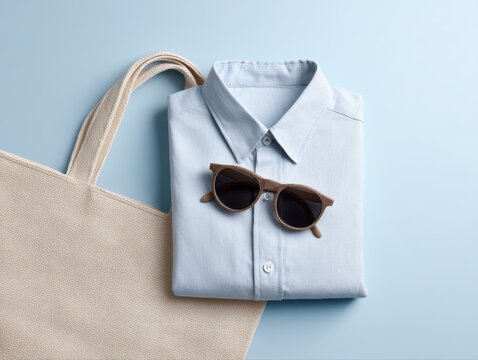 Folded shirt with sunglasses and tote bag, minimalist lifestyle flat lay