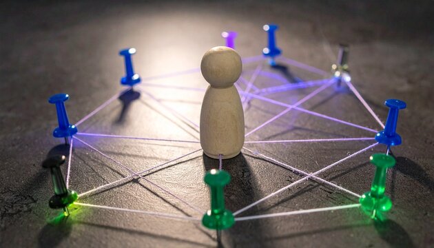 Central figurine in web of strings and colored push pins on dark surface, concept of social network, connectivity, and relationship mapping visualization