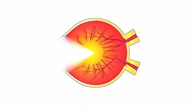 Eye cross-section cutaway - detailed anatomy. Retina blood vessels pulsate smoothly. Cartoon-like 2D rendering on white background. Ophthalmology, visual system study. Concept of sight and health.