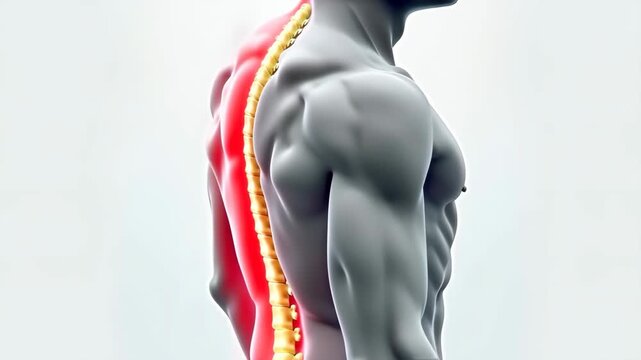 Highlighted spine in cross-section view. Spinal column model with discs highlighted. High-definition CGI rendering on light background. Orthopedics, spinal health. Concept of pain relief and