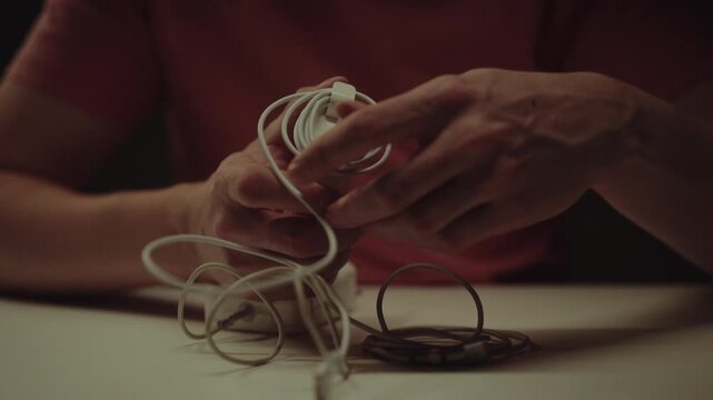Damaged old charger cable comparison with new one highlighting planned obsolescence and technological evolution over time, concept for wear and tear and the need for new tech. Shooting in slow motion.