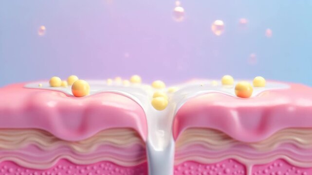 Cutaway skin layers slice view - cross-section. Epidermis model with cells. Soft pastel CGI rendering on gradient background. Dermatology, skin health science. Concept of hydration and renewal.