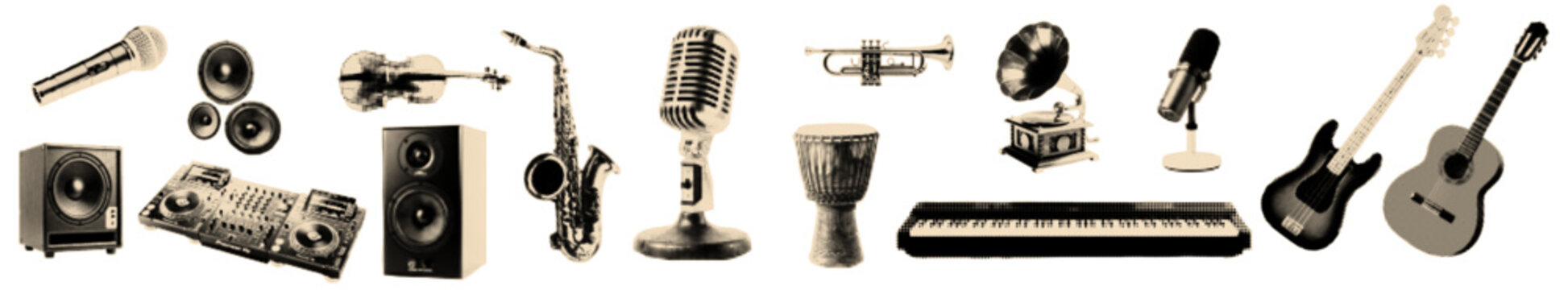 Musical instruments  halftone cutout set. Pop art mix media collage elements.