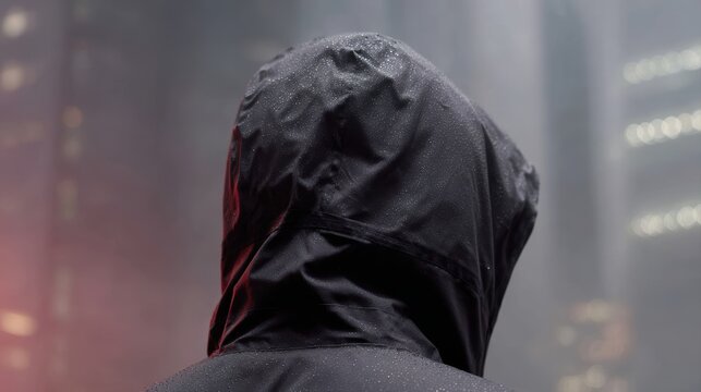 Techwear jacket captured from low angle during rainy cyber city walk