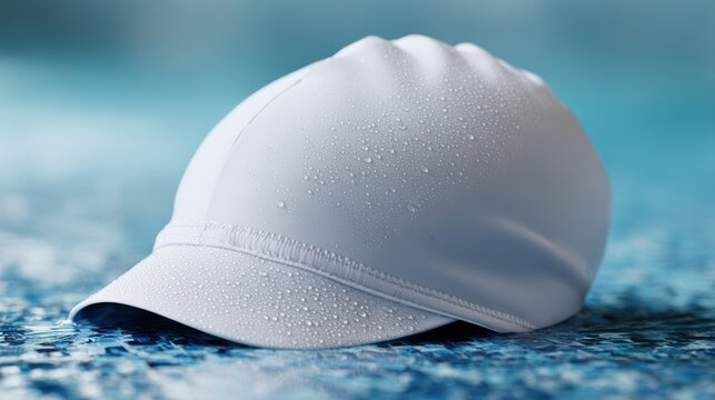 Swim cap worn at poolside with water reflections, athletic lifestyle detail, clean composition