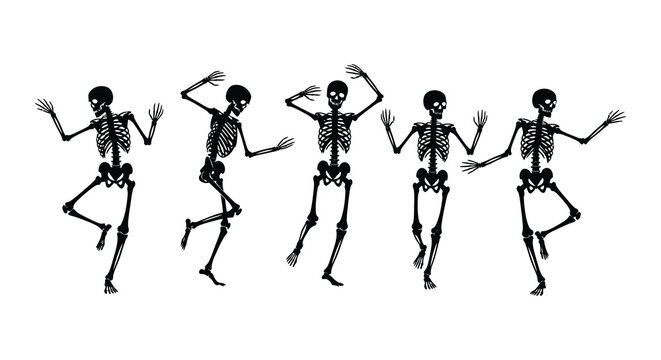 Five dancing skeletons in a row black silhouette high quality professional detailed modern elegant stylish clean crisp vibrant colorful digital creative