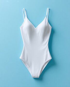 Blank white one-piece swimsuit mockup, back view, clean studio lighting, swimwear fashion catalog style, minimal luxury aesthetic