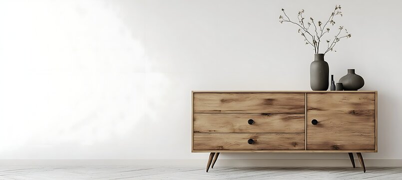 stylish wooden dresser with vases on top
