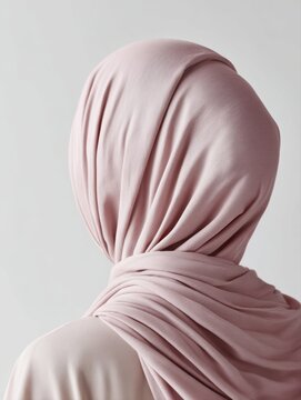 Blank layered hijab fashion worn mockup, elegant modest style draping with soft fabric flow, back view studio portrait, clean white background, high-end fashion editorial photography