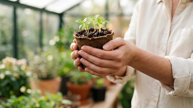 Woman holding small clay pot with young green seedlings in greenhouse. Hands cradling fresh sprouts symbolizing growth and nurturing. Gardening and sustainable plant care concept in natural