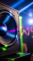 Close-up of a powerful subwoofer speaker in a vibrant disco with dynamic neon lights, projecting energy and sound.