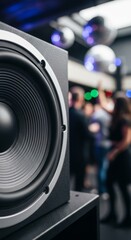 Close-up of a pulsating subwoofer speaker in a vibrant nightclub with a dancing crowd and disco ball lighting, perfect for music and party promotions