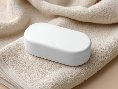 oval soap packaging sleeve mockup on towel, hygiene product branding, soft fabric texture, spa aesthetic