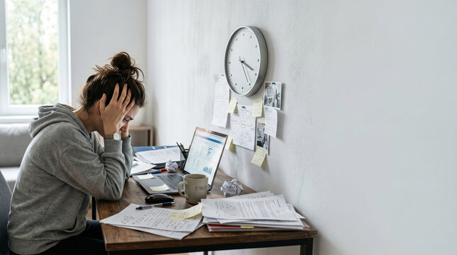 Side view of stressed overworked woman hiding face in hands at messy home office desk with laptop and massive copy space