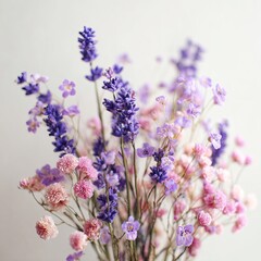 Obraz premium Rustic Dried Lavender and Pink Wildflower Bouquet Tied Together on Neutral Textured Background. AI generated image