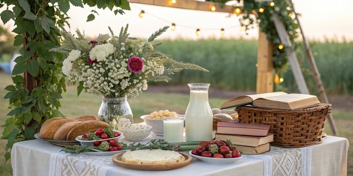 Shavuot festive breakfast table with challah flowers dairy and berries home celebration