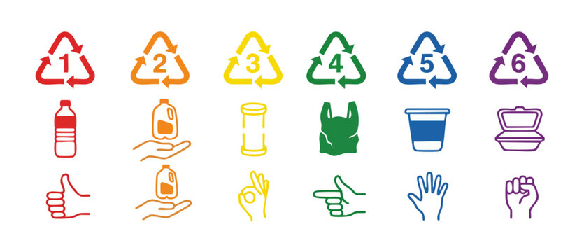 Recycling Plastic Resin Identification Codes Set, Sorting Guide with Icons and Hand Gestures for Sustainable Waste Management and Environmental Awareness for Proper Plastic Disposal and Earth Conserva