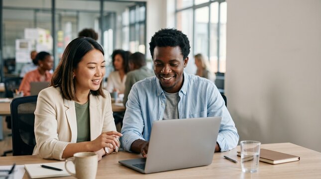Diverse colleagues sharing ideas on laptop at office desk. Young Asian woman and Black man collaborating, peer review, digital marketing team or students studying together in workspace.