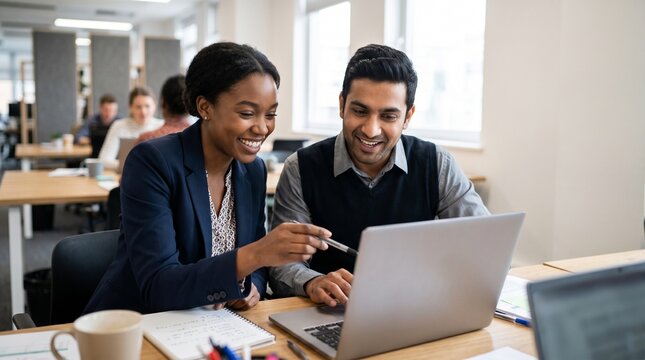 Professional business partners looking at laptop screen in office. Diverse man and woman brainstorming, software developers, corporate training or financial advice session with digital tools.